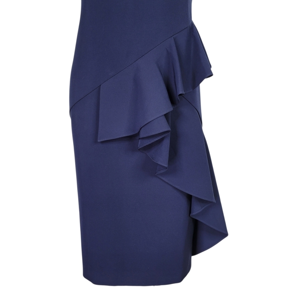 Eliza J Sheath Dress Size 16 Navy Cascading Asymmetric Ruffles Sleeveless V Neck - Picture 3 of 10